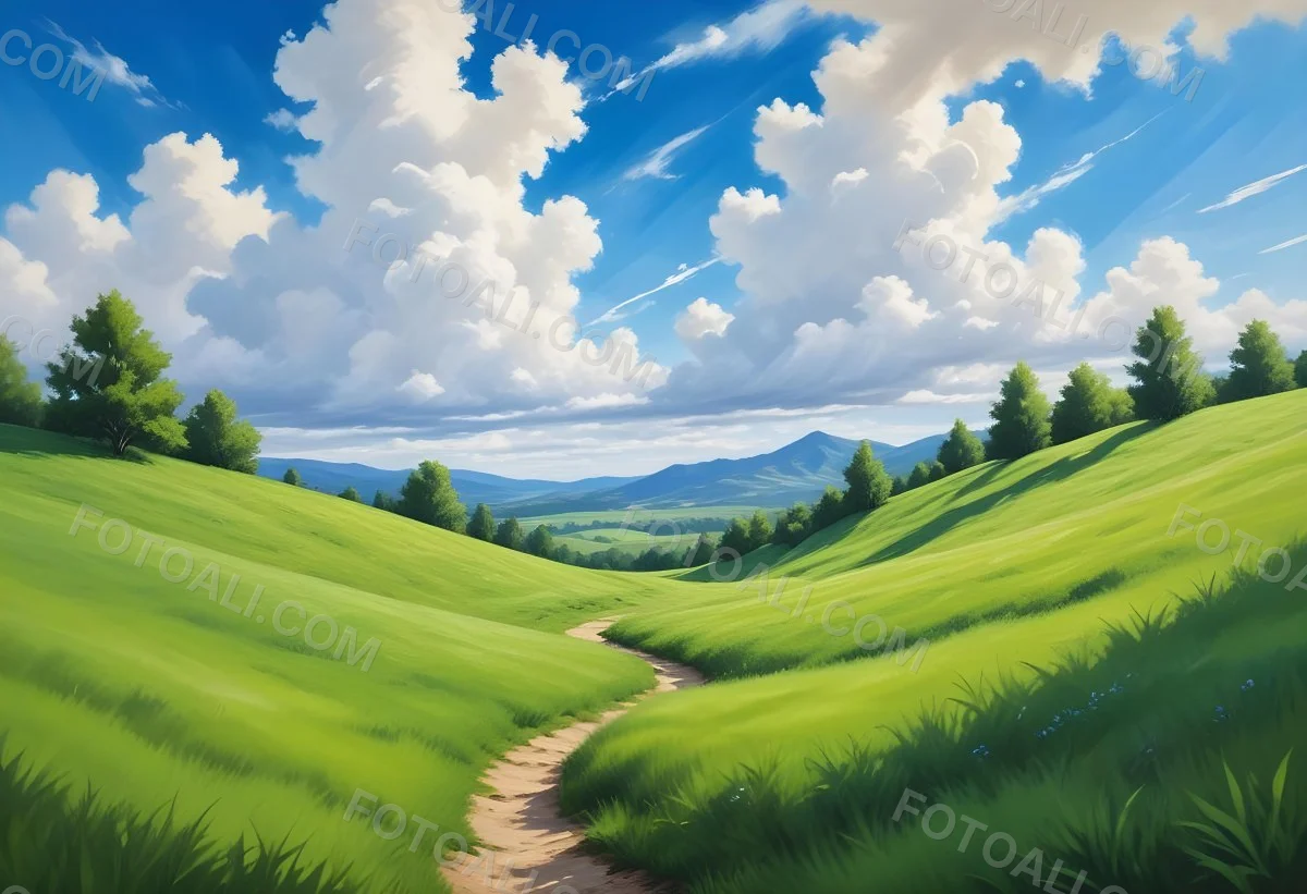 Green Grass Hill Under A Blue Sky With White Clouds Sunny Day Vibrant Colors Natural Light Clear Atmosphere Outdoor Setting Peaceful Scenery 14 D0be