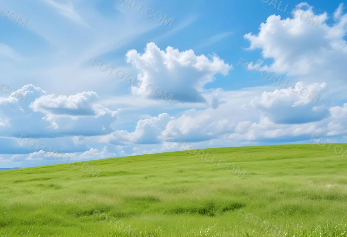 Green Grass Hill Under A Blue Sky With White Clouds Sunny Day Vibrant Colors Natural Light Clear Atmosphere Outdoor Setting Peaceful Scenery 15 393a
