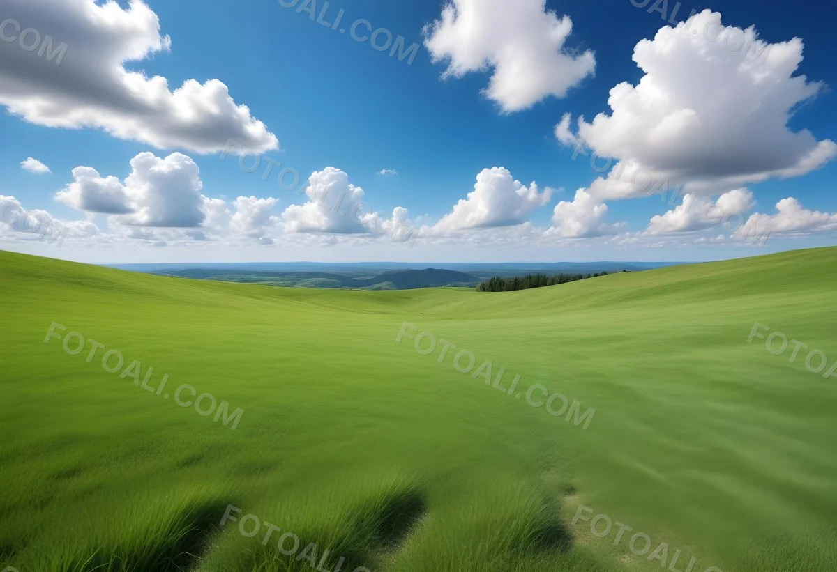 Green Grass Hill Under A Blue Sky With White Clouds Sunny Day Vibrant Colors Natural Light Clear Atmosphere Outdoor Setting Peaceful Scenery 21 32a0