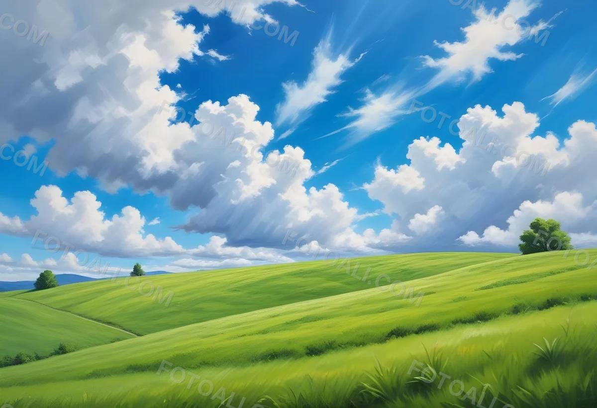 Green Grass Hill Under A Blue Sky With White Clouds Sunny Day Vibrant Colors Natural Light Clear Atmosphere Outdoor Setting Peaceful Scenery 27 84f6