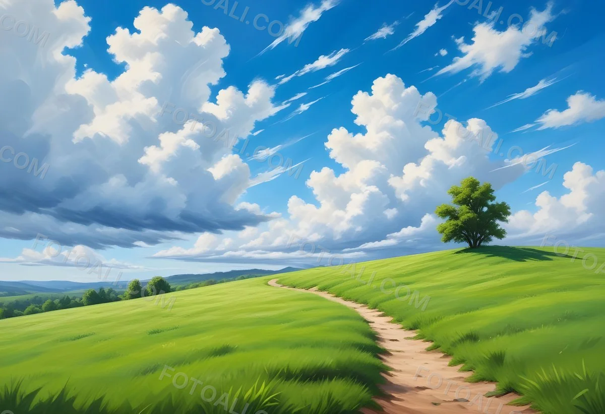 Green Grass Hill Under A Blue Sky With White Clouds Sunny Day Vibrant Colors Natural Light Clear Atmosphere Outdoor Setting Peaceful Scenery 31 8c74