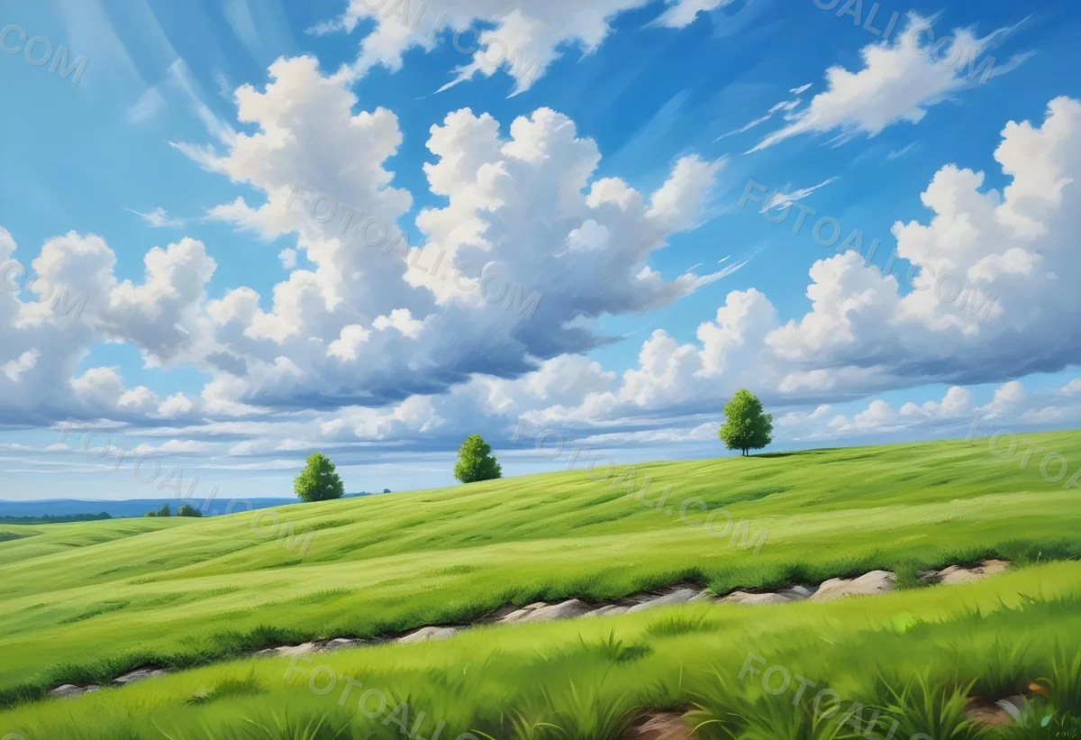 Green Grass Hill Under A Blue Sky With White Clouds Sunny Day Vibrant Colors Natural Light Clear Atmosphere Outdoor Setting Peaceful Scenery 39 3925