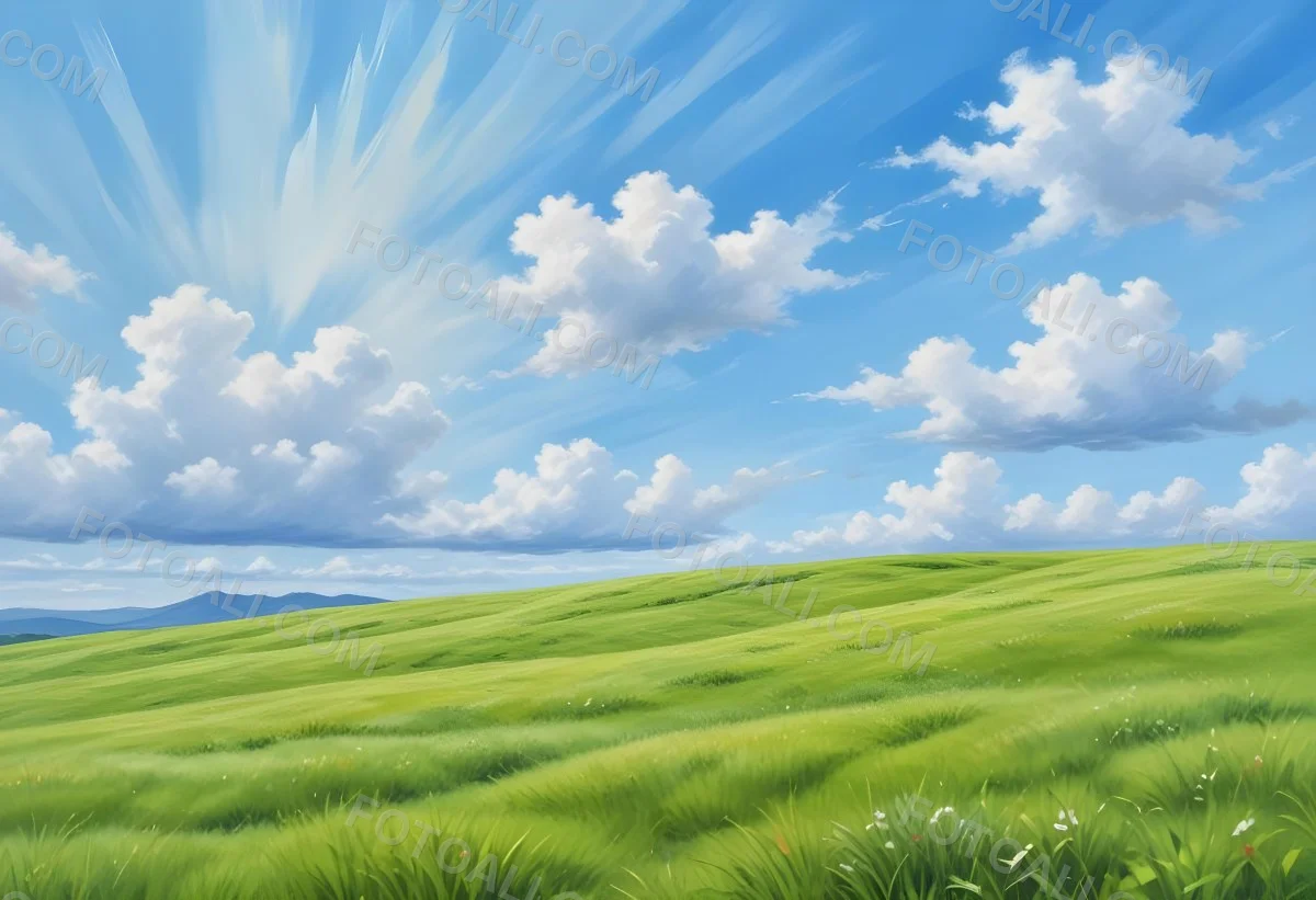 Green Grass Hill Under A Blue Sky With White Clouds Sunny Day Vibrant Colors Natural Light Clear Atmosphere Outdoor Setting Peaceful Scenery 53 F0bf