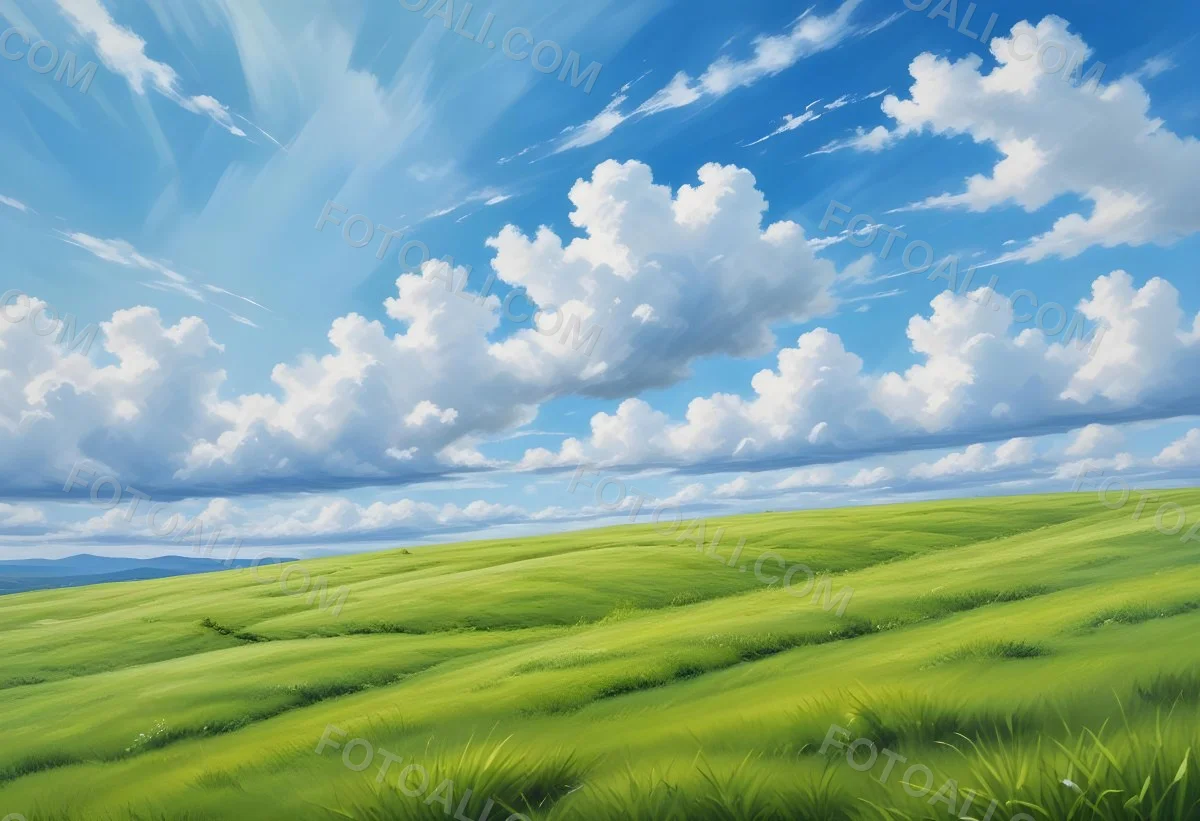 Green Grass Hill Under A Blue Sky With White Clouds Sunny Day Vibrant Colors Natural Light Clear Atmosphere Outdoor Setting Peaceful Scenery 57 B042