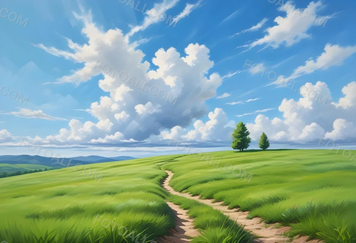 Green Grass Hill Under A Blue Sky With White Clouds Sunny Day Vibrant Colors Natural Light Clear Atmosphere Outdoor Setting Peaceful Scenery 6 A5a2