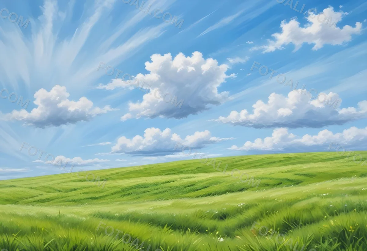 Green Grass Hill Under A Blue Sky With White Clouds Sunny Day Vibrant Colors Natural Light Clear Atmosphere Outdoor Setting Peaceful Scenery 64 3555