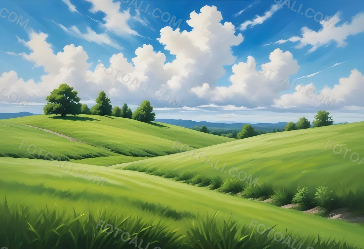 Green Grass Hill Under A Blue Sky With White Clouds Sunny Day Vibrant Colors Natural Light Clear Atmosphere Outdoor Setting Peaceful Scenery 8 319b