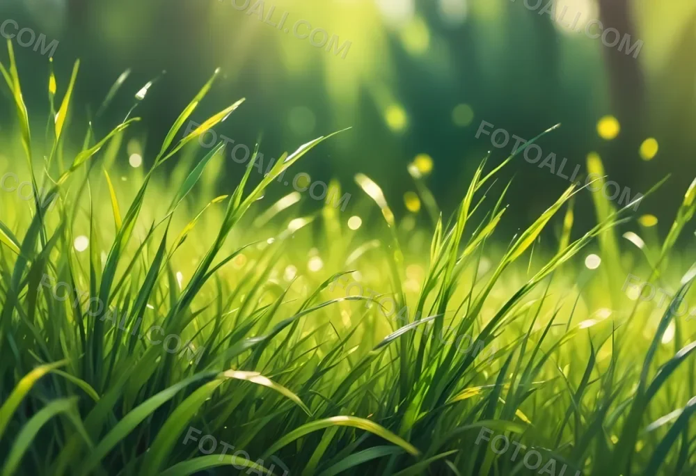Green Grass With A Bright Yellow Light In The Background Bokeh Effect Sunny Day Spring Season Vibrant Colors Close Up Shot 42 Eebe