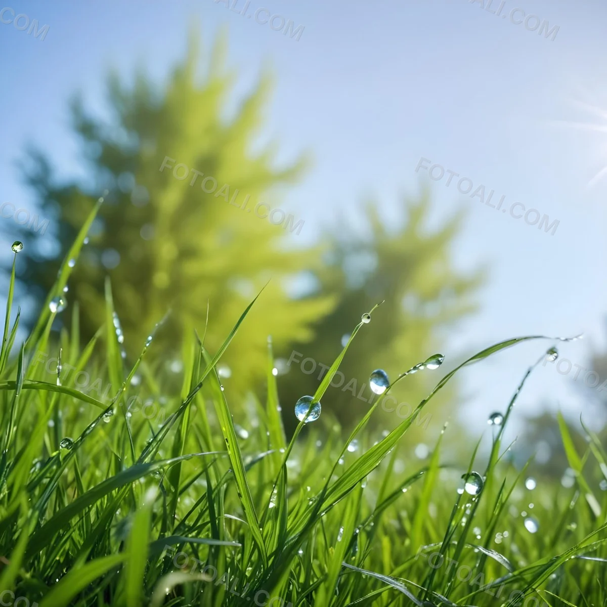 Green Grass With Water Drops In A Sunny Day Blue Sky With Some Green Trees In The Background 10 01bb