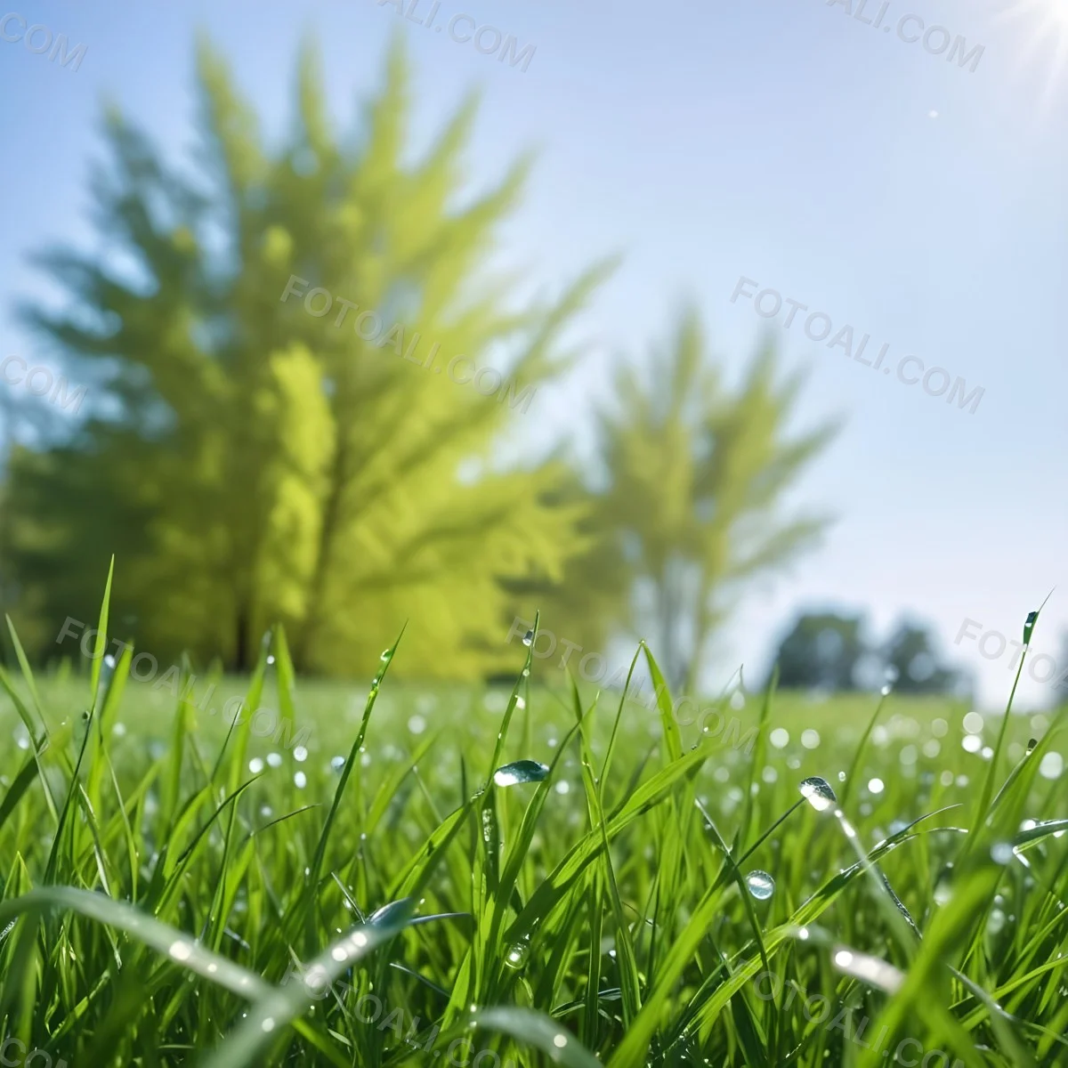 Green Grass With Water Drops In A Sunny Day Blue Sky With Some Green Trees In The Background 12 1d1a