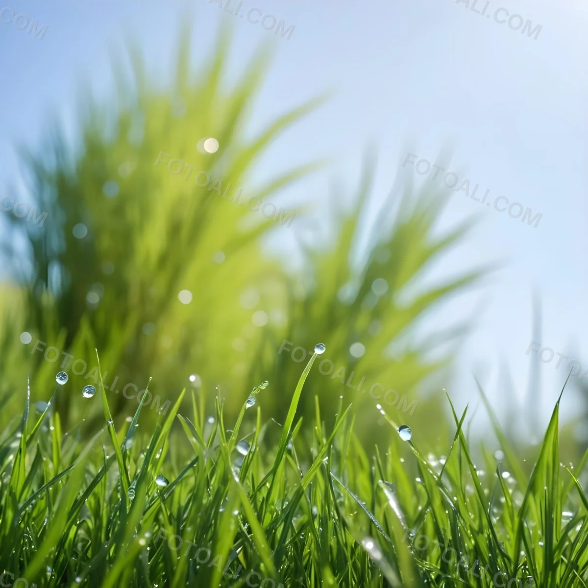 Green Grass With Water Drops In A Sunny Day Blue Sky With Some Green Trees In The Background 2 1a83