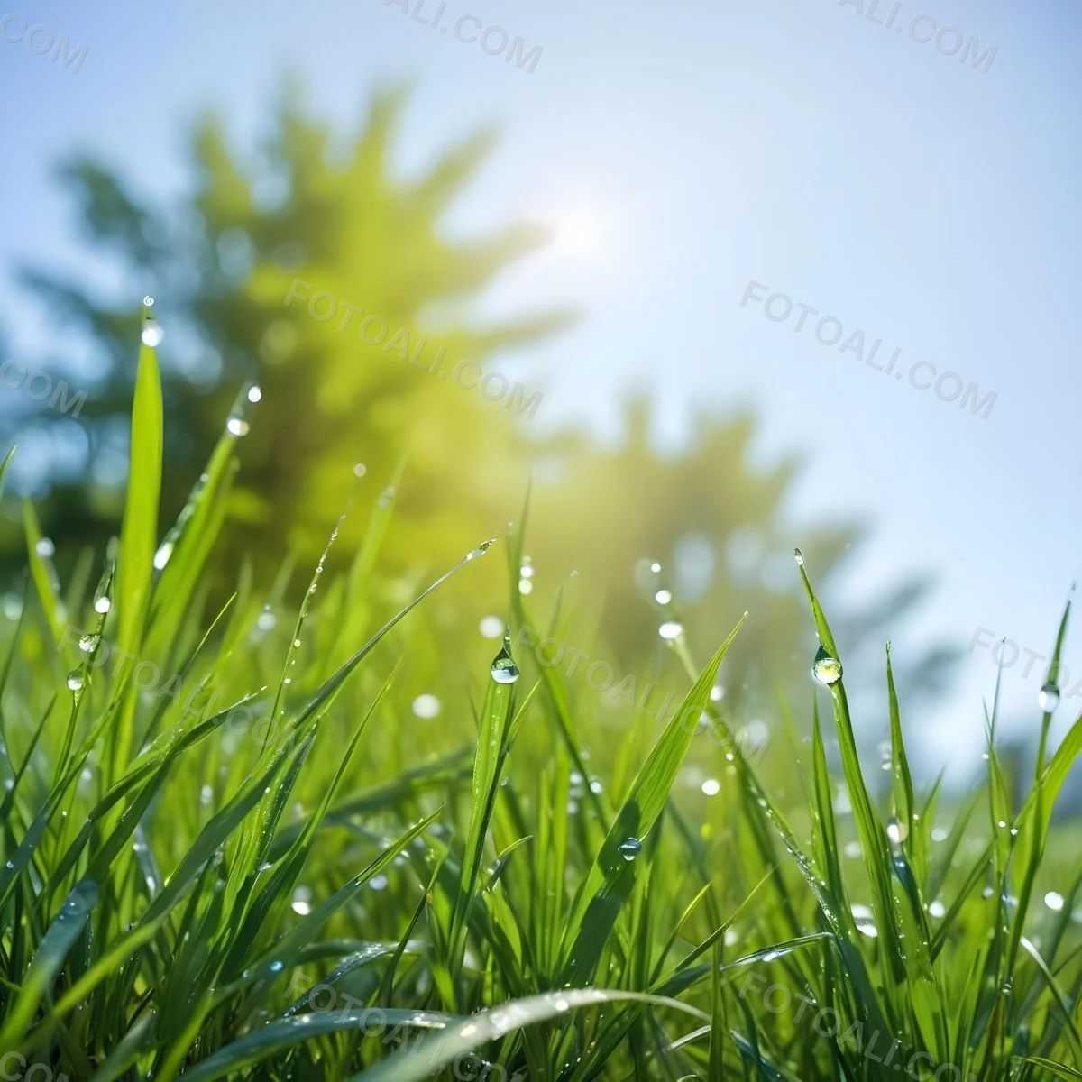 Green Grass With Water Drops In A Sunny Day Blue Sky With Some Green Trees In The Background 21 277e