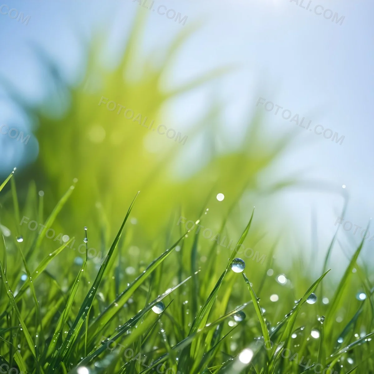 Green Grass With Water Drops In A Sunny Day Blue Sky With Some Green Trees In The Background 22 B401