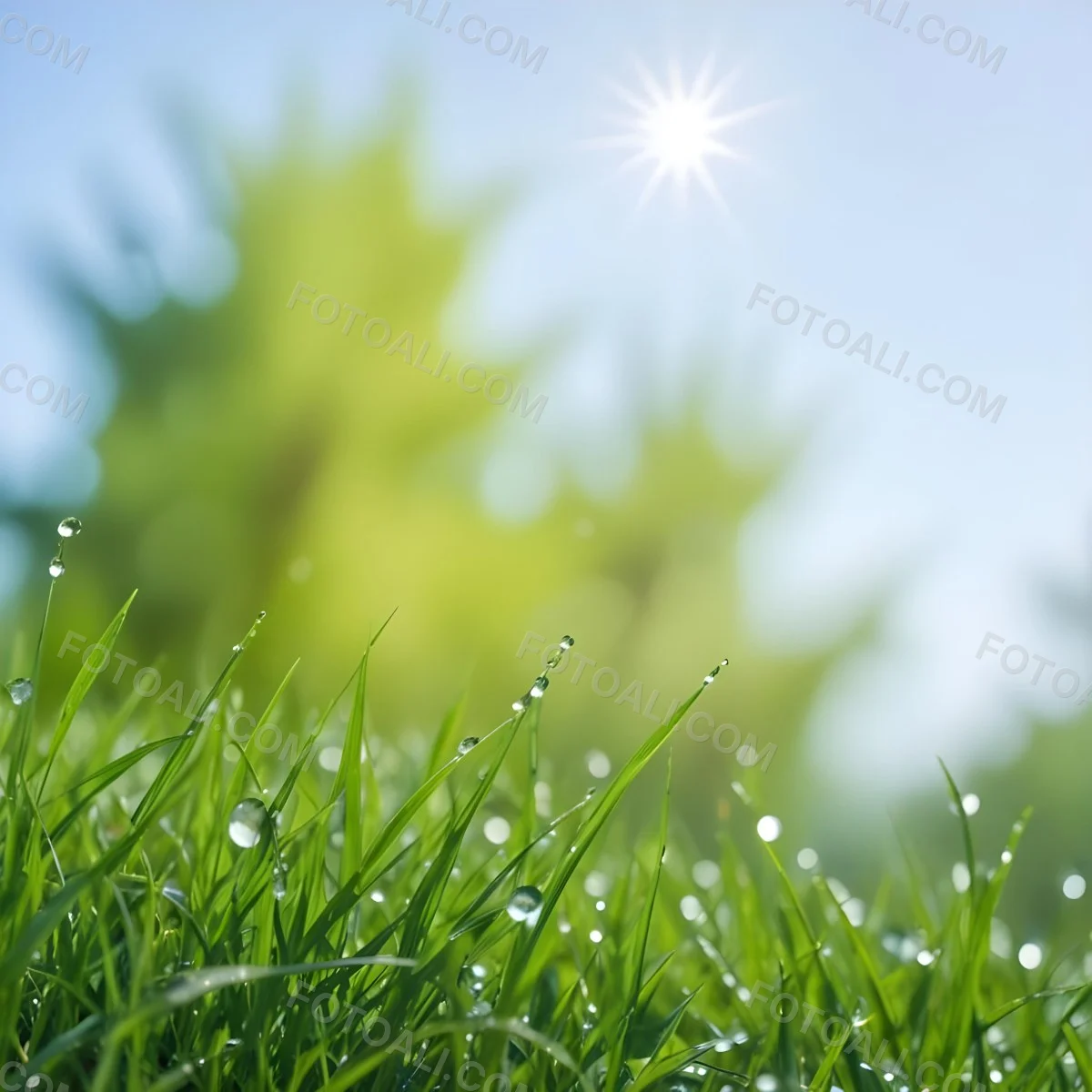 Green Grass With Water Drops In A Sunny Day Blue Sky With Some Green Trees In The Background 25 B343