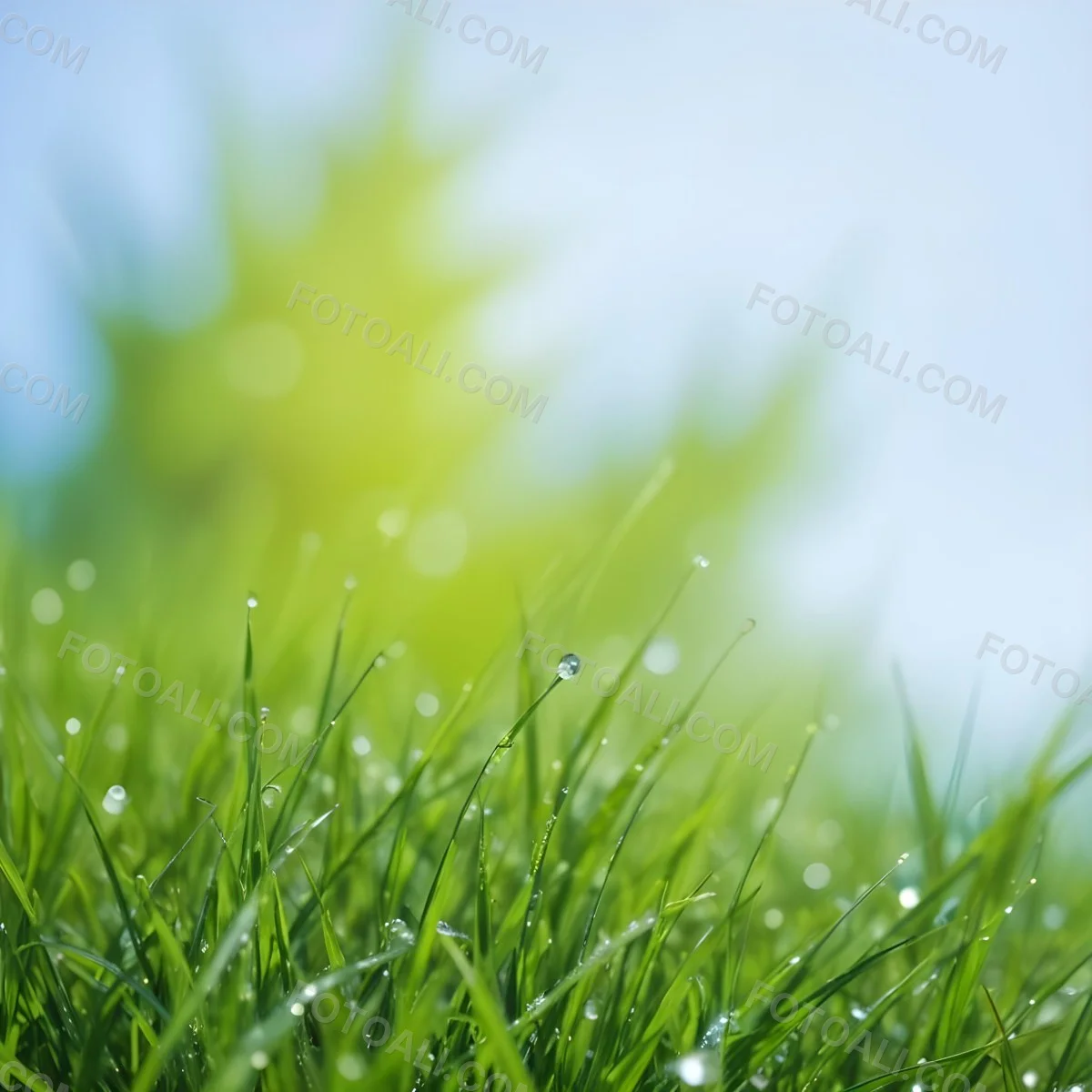 Green Grass With Water Drops In A Sunny Day Blue Sky With Some Green Trees In The Background 26 A492