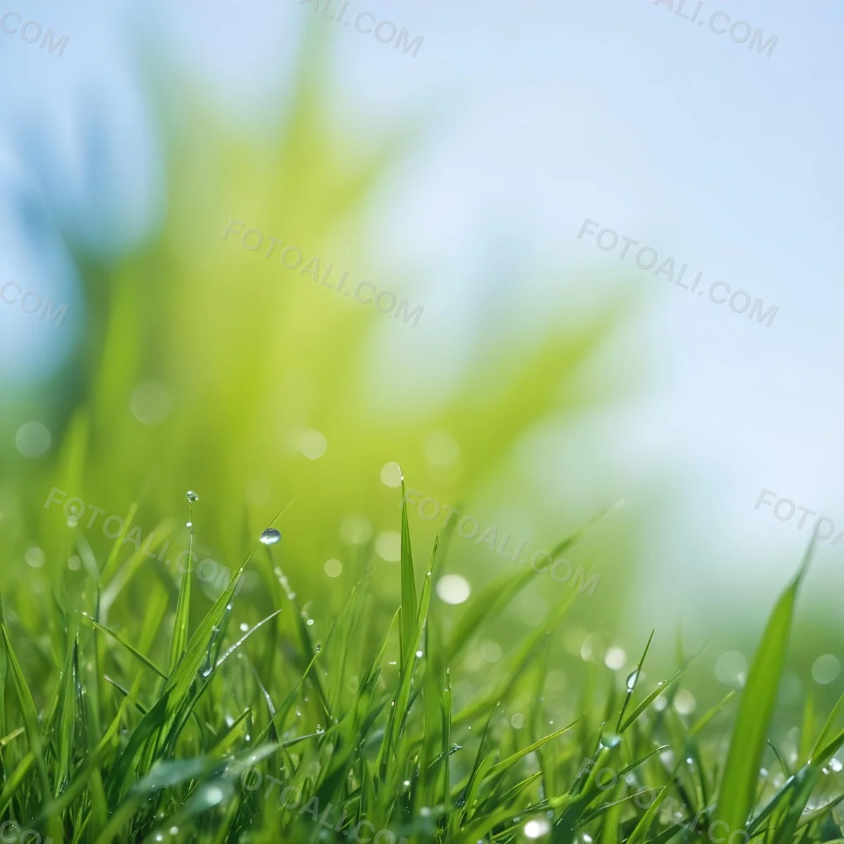 Green Grass With Water Drops In A Sunny Day Blue Sky With Some Green Trees In The Background 29 A53c