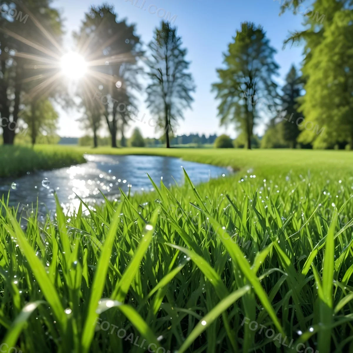 Green Grass With Water Drops In A Sunny Day Blue Sky With Some Green Trees In The Background 3 Bc20
