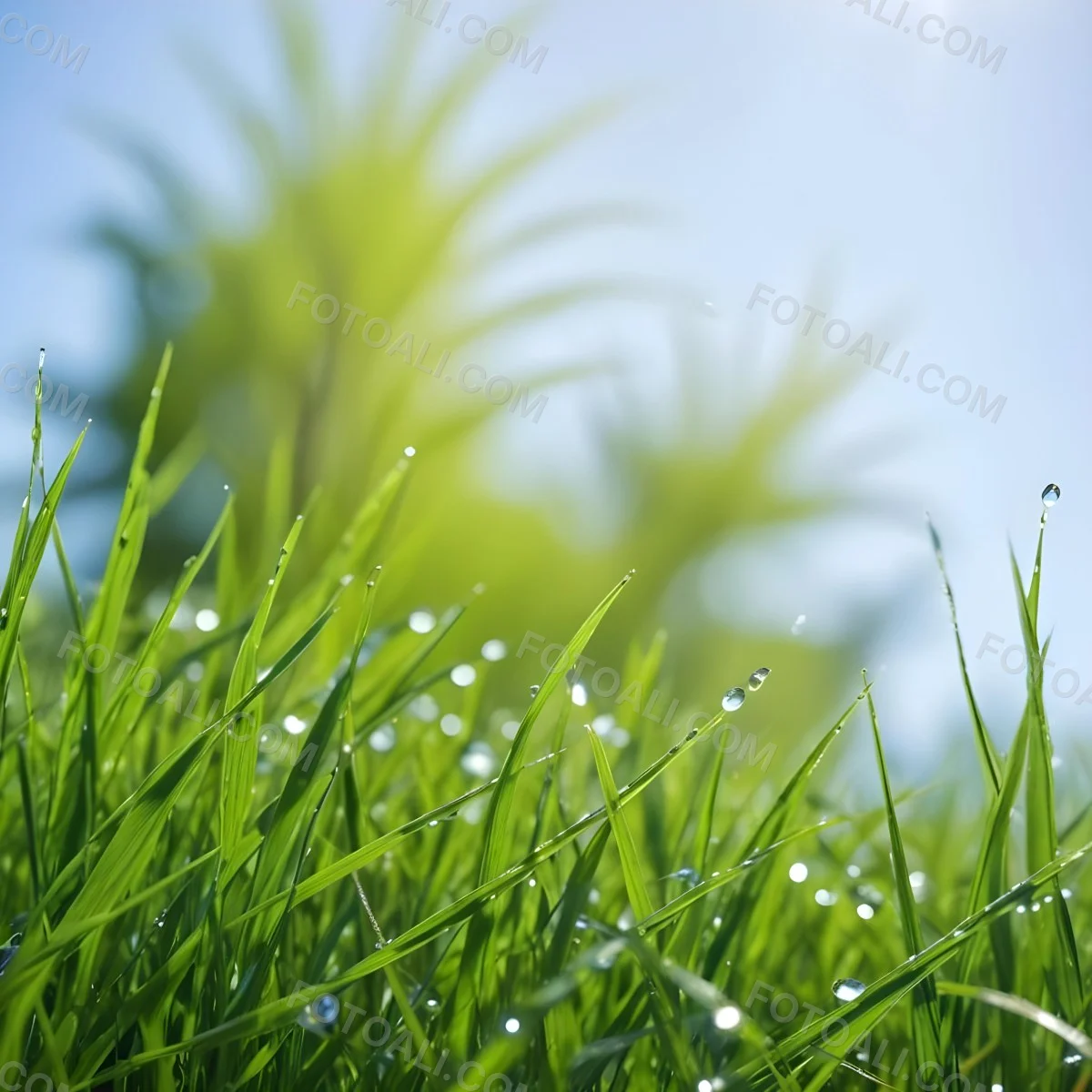 Green Grass With Water Drops In A Sunny Day Blue Sky With Some Green Trees In The Background 30 Fd1a