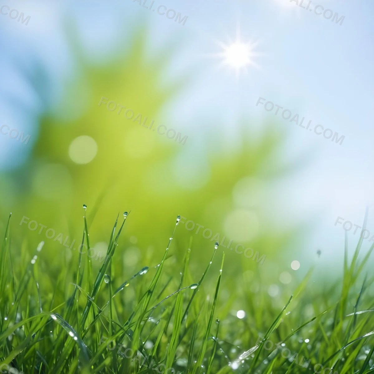 Green Grass With Water Drops In A Sunny Day Blue Sky With Some Green Trees In The Background 31 96b3