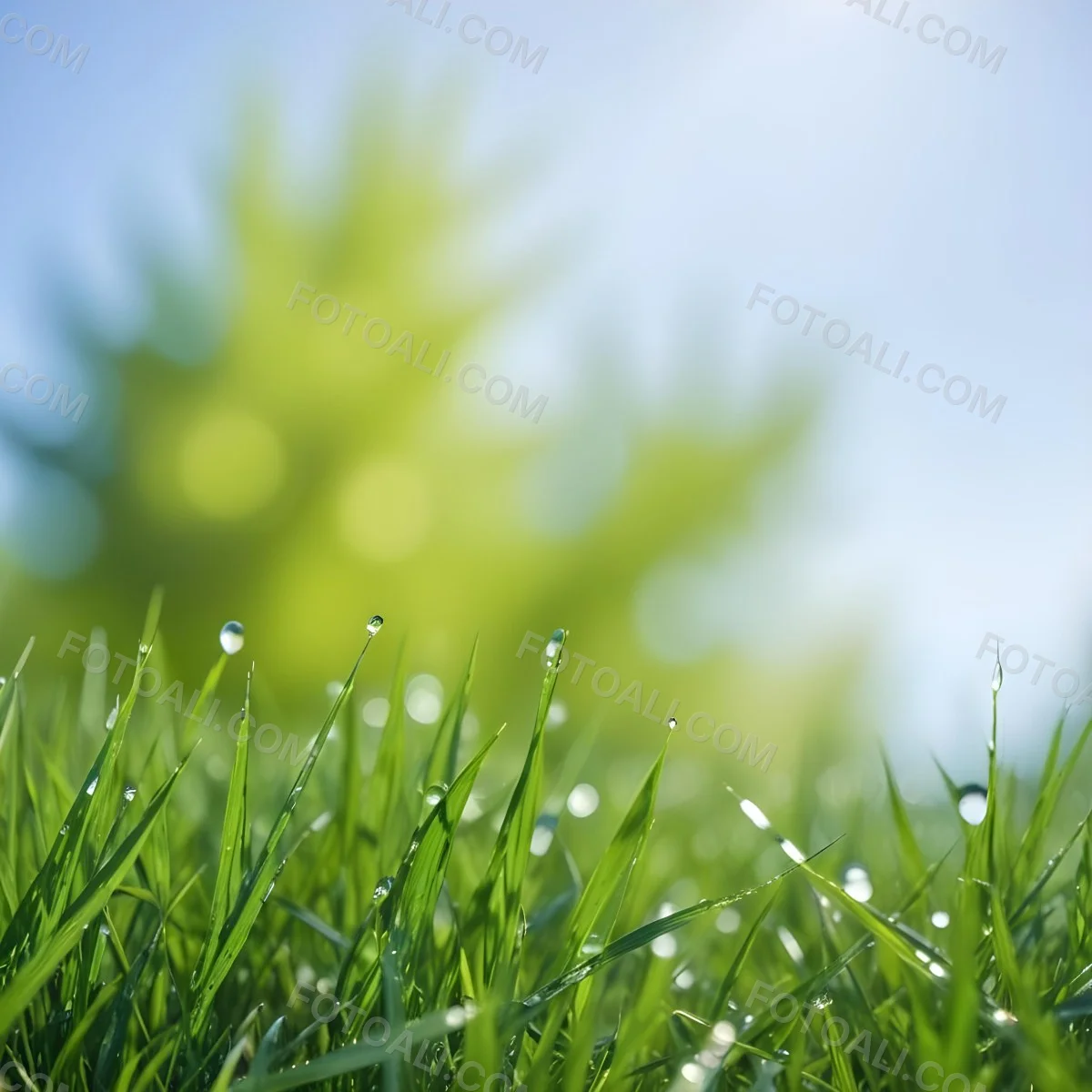 Green Grass With Water Drops In A Sunny Day Blue Sky With Some Green Trees In The Background 32 2f0f