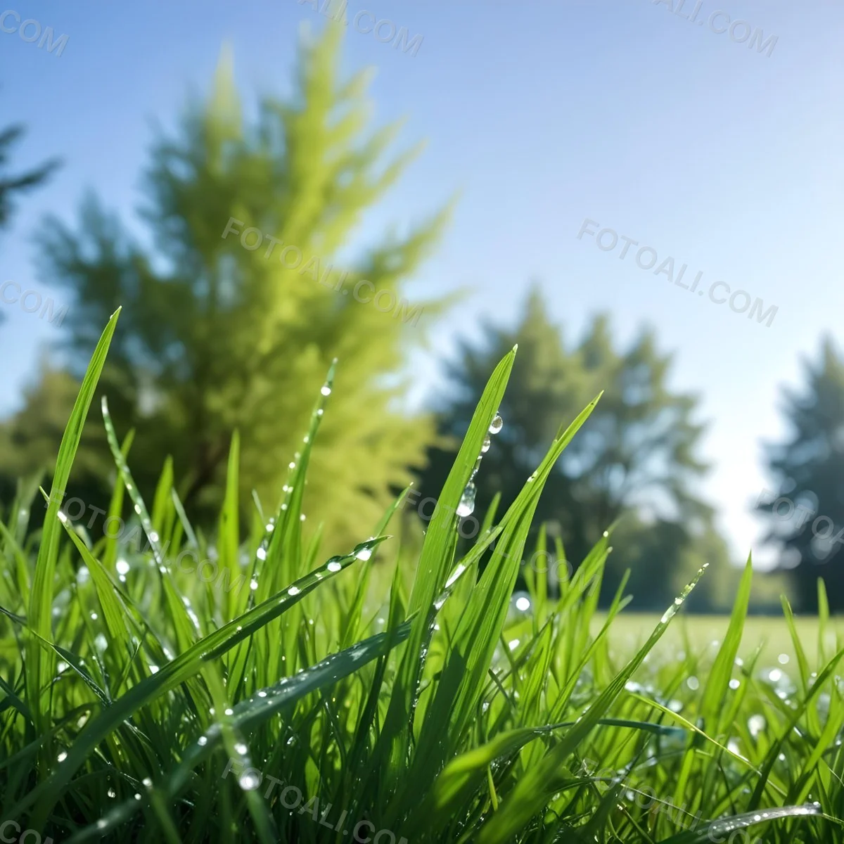 Green Grass With Water Drops In A Sunny Day Blue Sky With Some Green Trees In The Background 33 Be1d