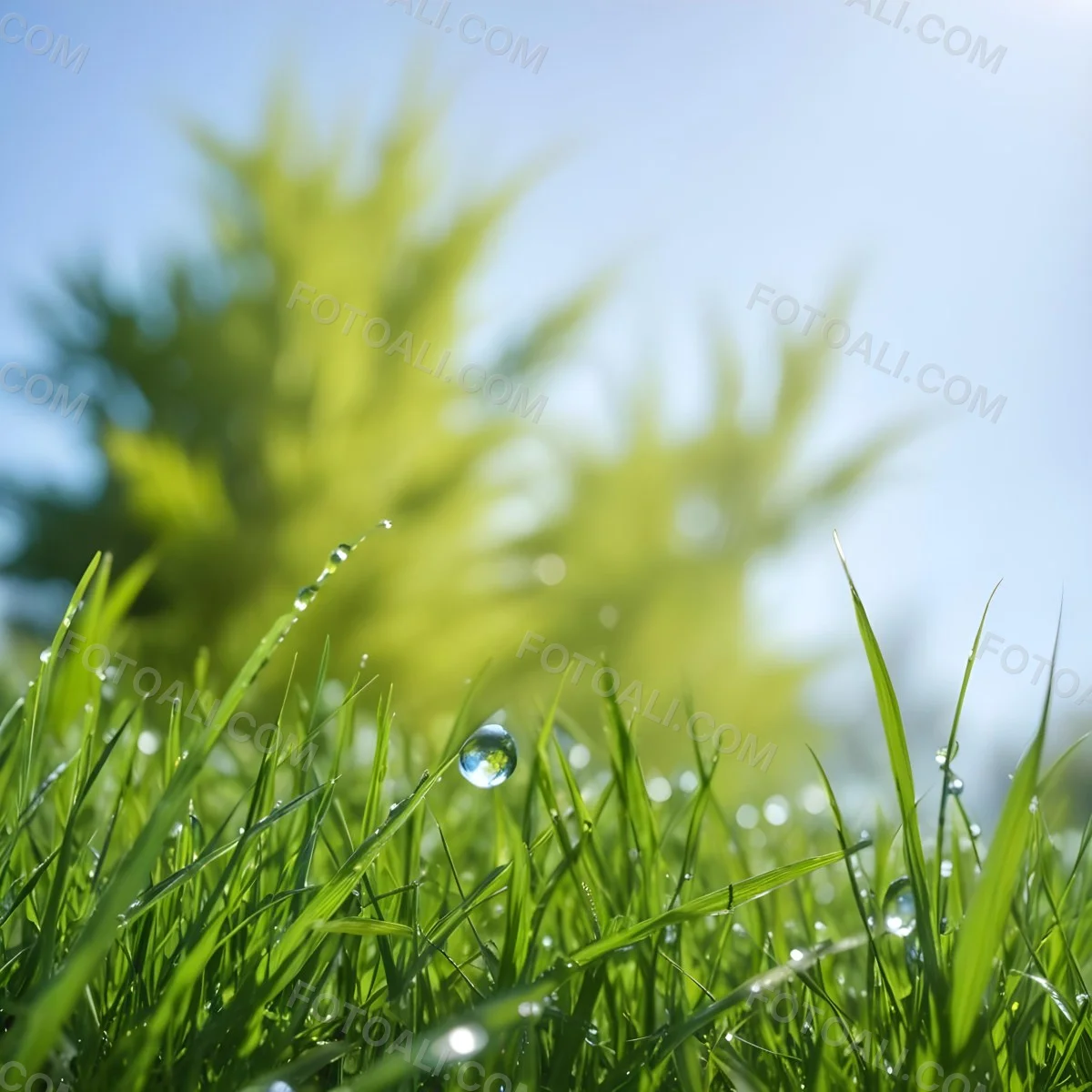 Green Grass With Water Drops In A Sunny Day Blue Sky With Some Green Trees In The Background 34 A03a