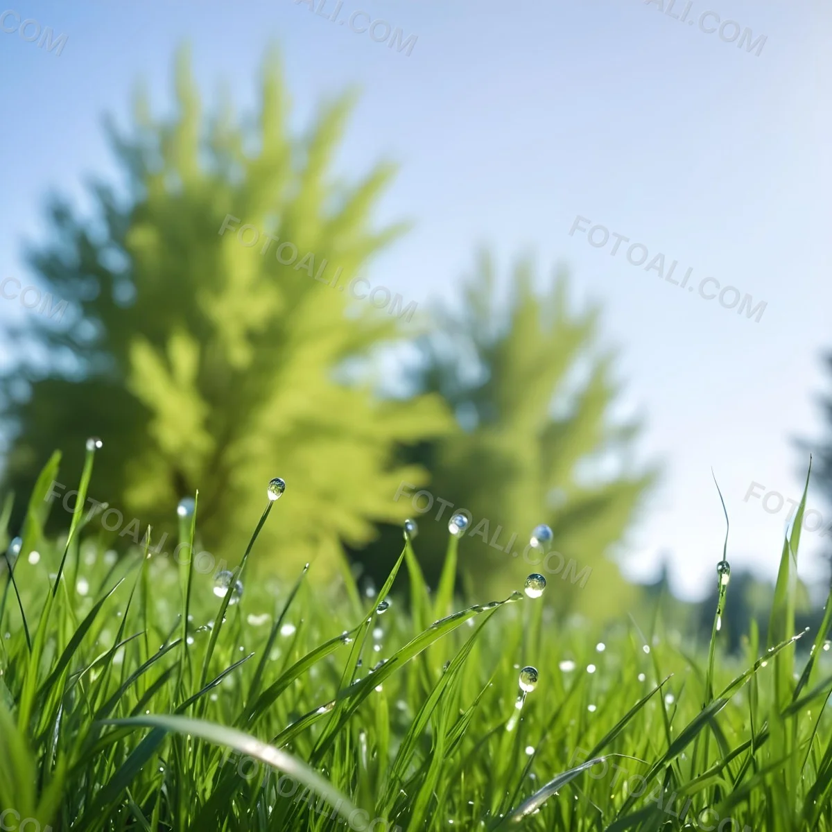 Green Grass With Water Drops In A Sunny Day Blue Sky With Some Green Trees In The Background 35 1e46
