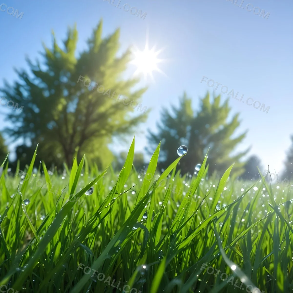 Green Grass With Water Drops In A Sunny Day Blue Sky With Some Green Trees In The Background 4 B8c3