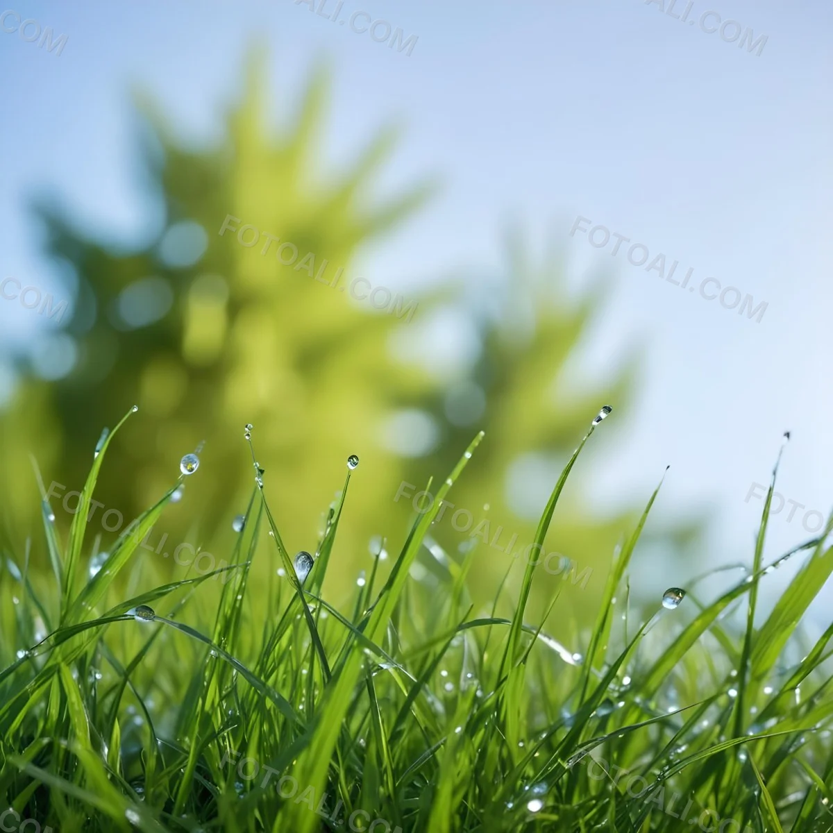 Green Grass With Water Drops In A Sunny Day Blue Sky With Some Green Trees In The Background 5 Bf14