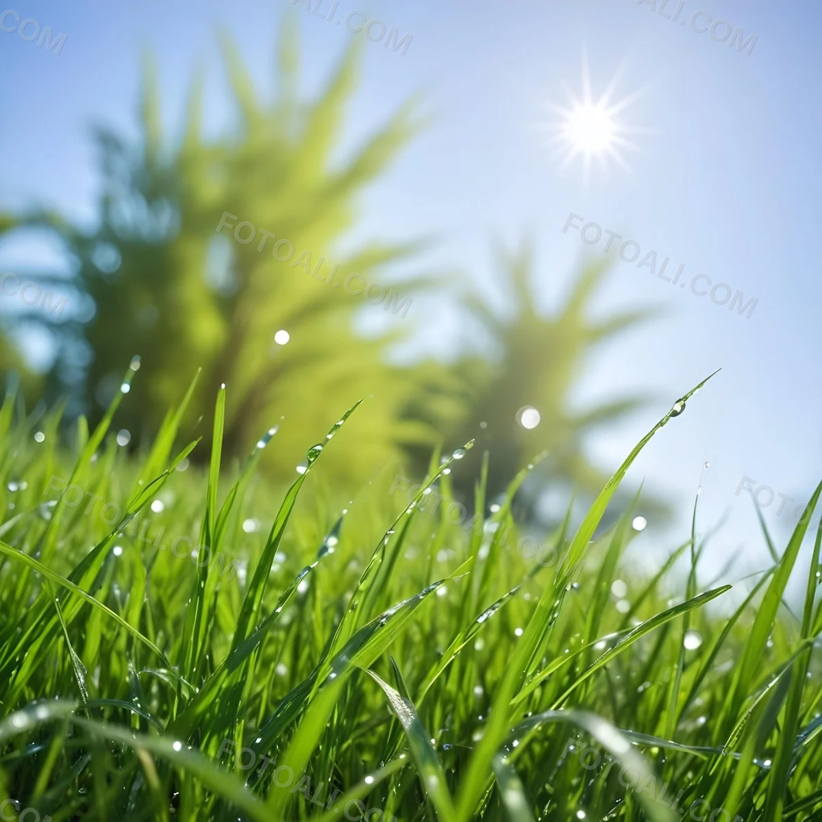 Green Grass With Water Drops In A Sunny Day Blue Sky With Some Green Trees In The Background 8 Cfbf