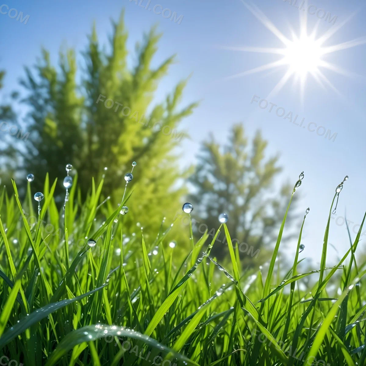 Green Grass With Water Drops In A Sunny Day Blue Sky With Some Green Trees In The Background 9 2b60