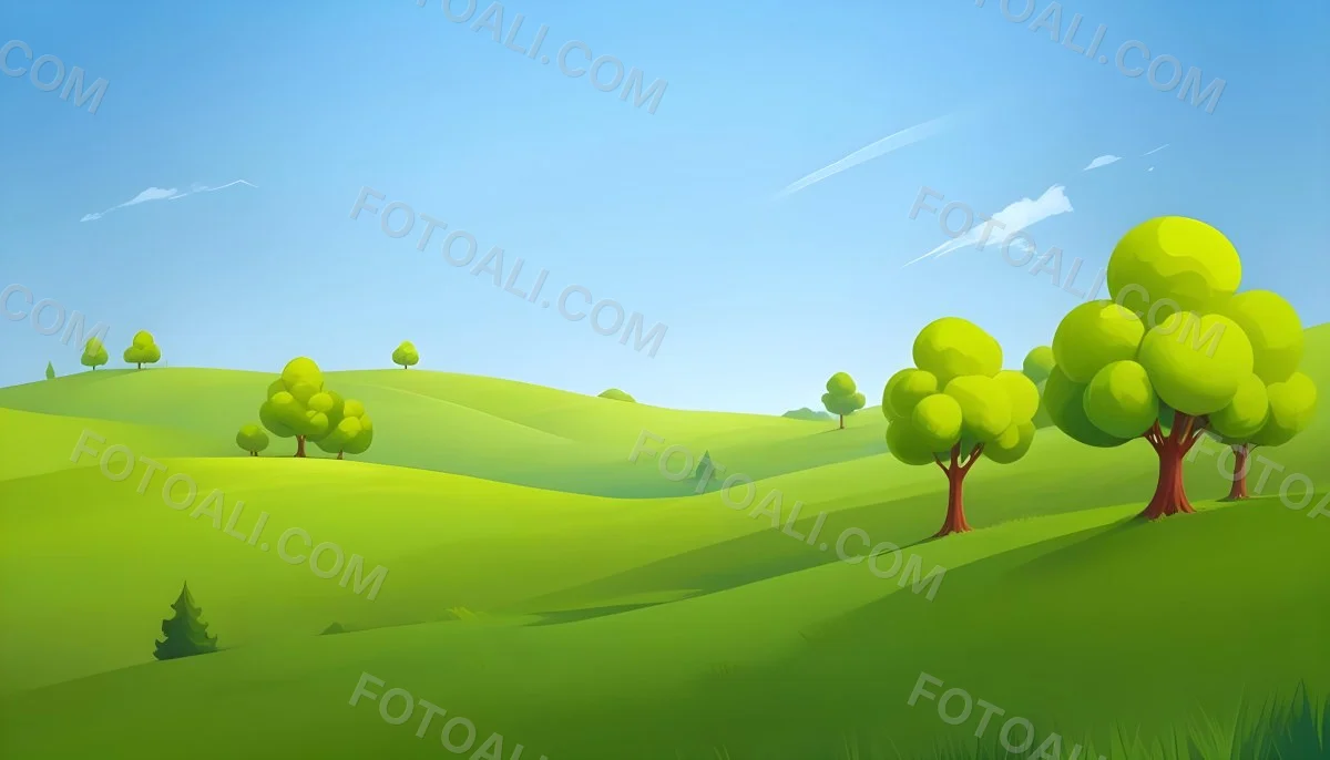 Green Hills With Cartoon Trees Under A Clear Blue Sky Creating A Peaceful And Idyllic Landscape Vibrant Colors And Smooth Gradients 13 2dce