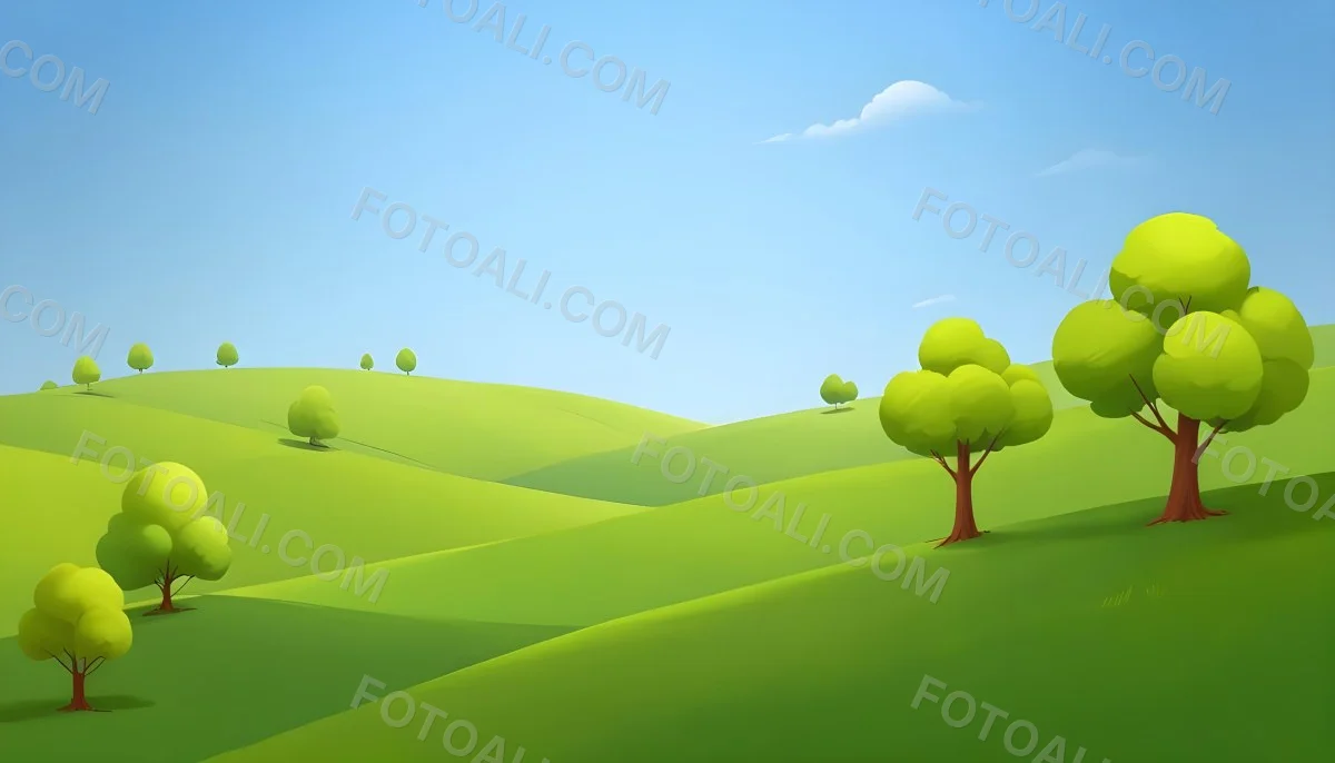 Green Hills With Cartoon Trees Under A Clear Blue Sky Creating A Peaceful And Idyllic Landscape Vibrant Colors And Smooth Gradients 2 F149