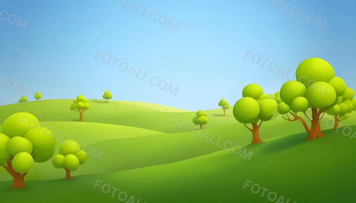 Green Hills With Cartoon Trees Under A Clear Blue Sky Creating A Peaceful And Idyllic Landscape Vibrant Colors And Smooth Gradients 21 2c9c