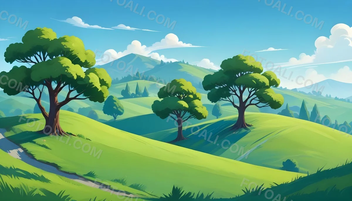 Green Hills With Cartoon Trees Under A Clear Blue Sky Creating A Peaceful And Idyllic Landscape Vibrant Colors And Smooth Gradients 24 94e2