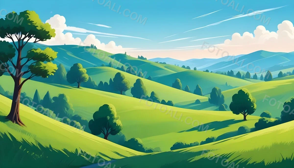 Green Hills With Cartoon Trees Under A Clear Blue Sky Creating A Peaceful And Idyllic Landscape Vibrant Colors And Smooth Gradients 26 58ca