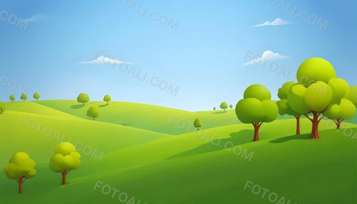 Green Hills With Cartoon Trees Under A Clear Blue Sky Creating A Peaceful And Idyllic Landscape Vibrant Colors And Smooth Gradients 29 A2fe