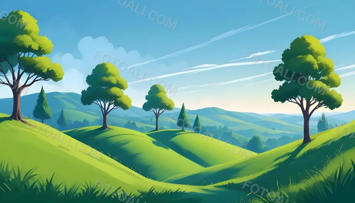 Green Hills With Cartoon Trees Under A Clear Blue Sky Creating A Peaceful And Idyllic Landscape Vibrant Colors And Smooth Gradients 3 64cc
