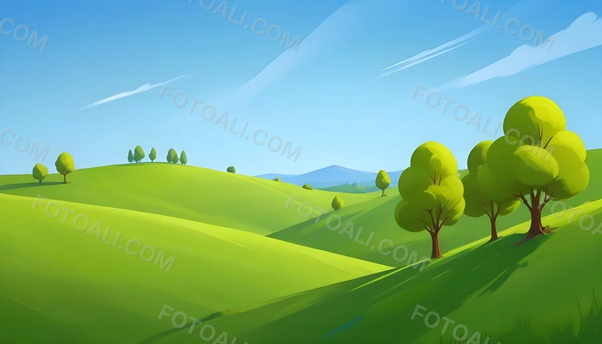 Green Hills With Cartoon Trees Under A Clear Blue Sky Creating A Peaceful And Idyllic Landscape Vibrant Colors And Smooth Gradients 31 0f60