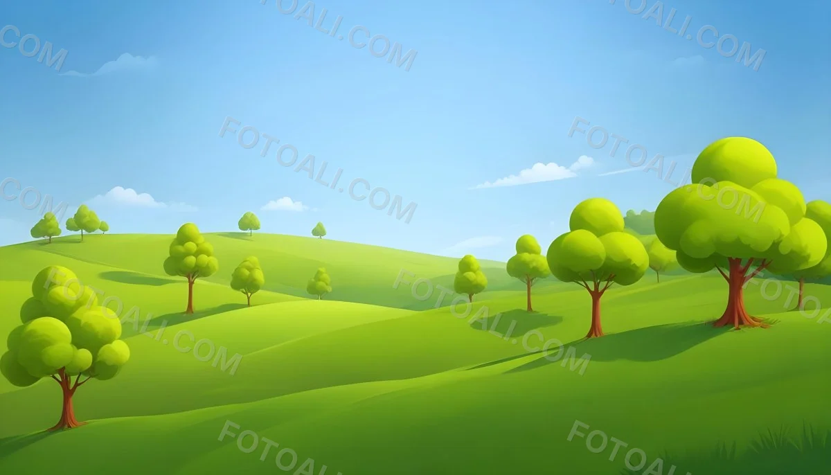 Green Hills With Cartoon Trees Under A Clear Blue Sky Creating A Peaceful And Idyllic Landscape Vibrant Colors And Smooth Gradients 4 9c3a