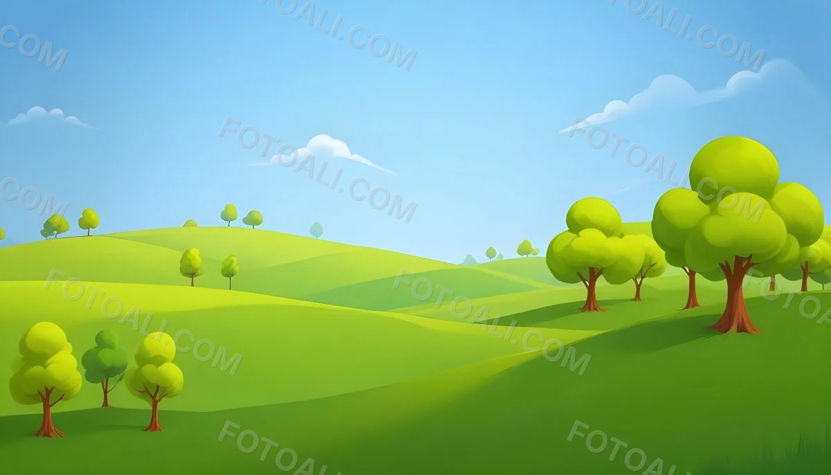 Green Hills With Cartoon Trees Under A Clear Blue Sky Creating A Peaceful And Idyllic Landscape Vibrant Colors And Smooth Gradients 5 E127