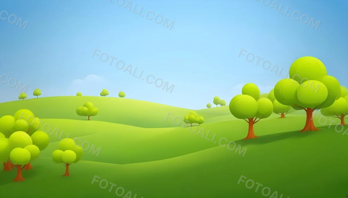 Green Hills With Cartoon Trees Under A Clear Blue Sky Creating A Peaceful And Idyllic Landscape Vibrant Colors And Smooth Gradients 6 3701