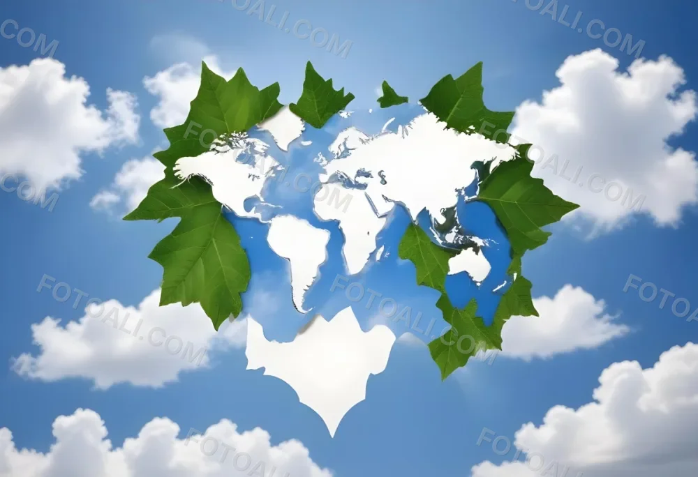 Green Leaf With A World Map Shape Cut Out Revealing A Blue Sky With Fluffy White Clouds Symbolizing Environmental Awareness And Global Sustainability 11 Cc86