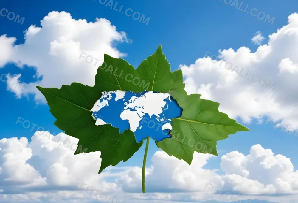 Green Leaf With A World Map Shape Cut Out Revealing A Blue Sky With Fluffy White Clouds Symbolizing Environmental Awareness And Global Sustainability 17 A04d