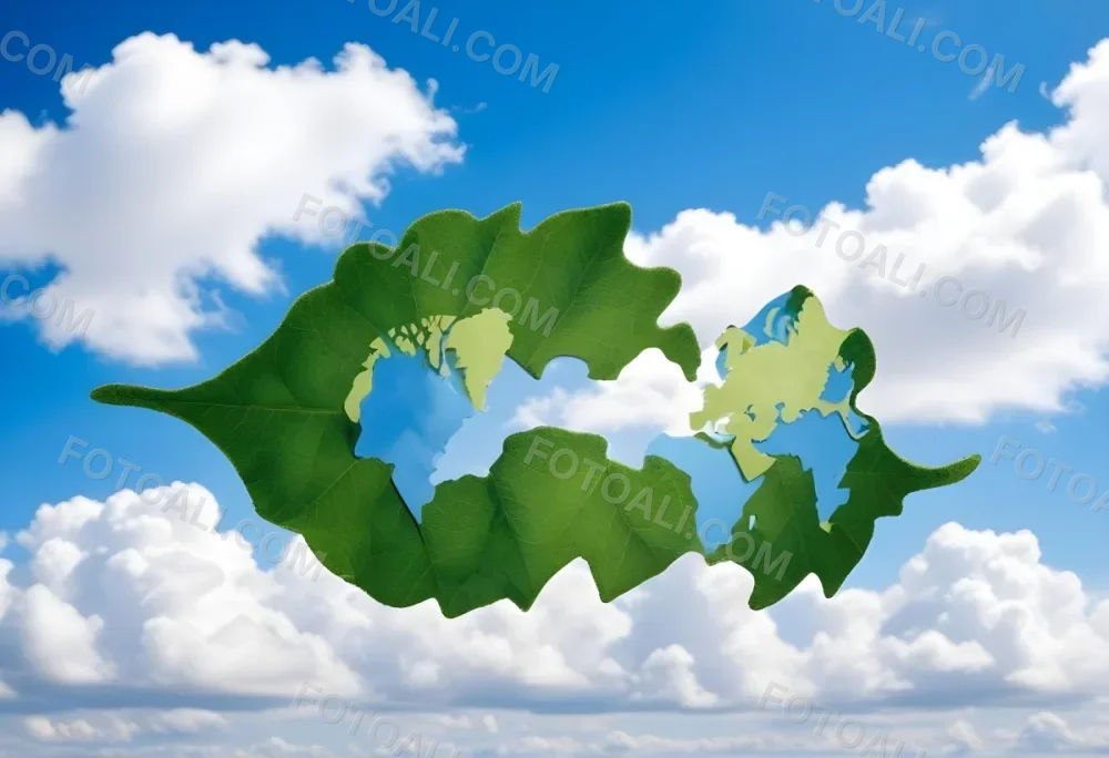 Green Leaf With A World Map Shape Cut Out Revealing A Blue Sky With Fluffy White Clouds Symbolizing Environmental Awareness And Global Sustainability 3 5161