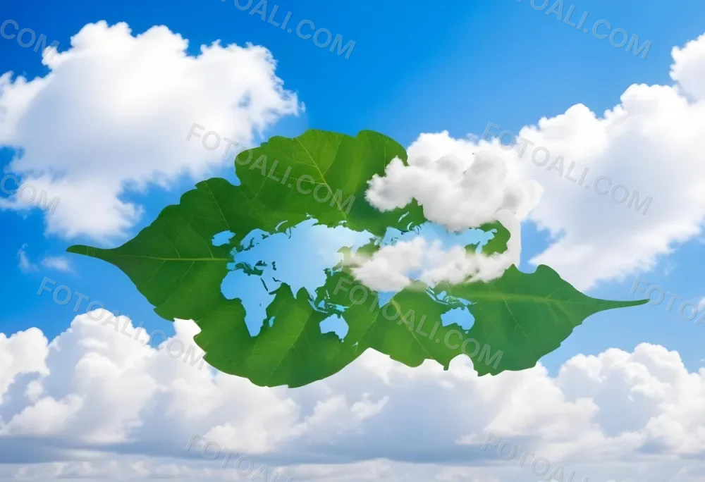 Green Leaf With A World Map Shape Cut Out Revealing A Blue Sky With Fluffy White Clouds Symbolizing Environmental Awareness And Global Sustainability 39 88ea