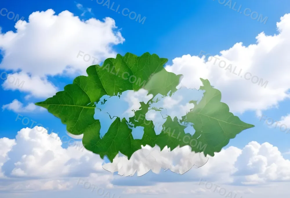 Green Leaf With A World Map Shape Cut Out Revealing A Blue Sky With Fluffy White Clouds Symbolizing Environmental Awareness And Global Sustainability 4 F174