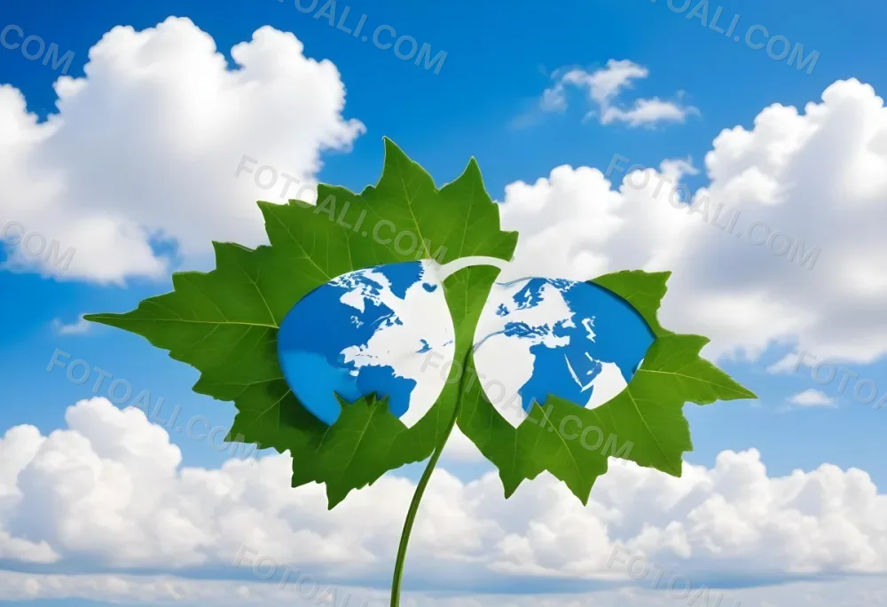 Green Leaf With A World Map Shape Cut Out Revealing A Blue Sky With Fluffy White Clouds Symbolizing Environmental Awareness And Global Sustainability 7 307d