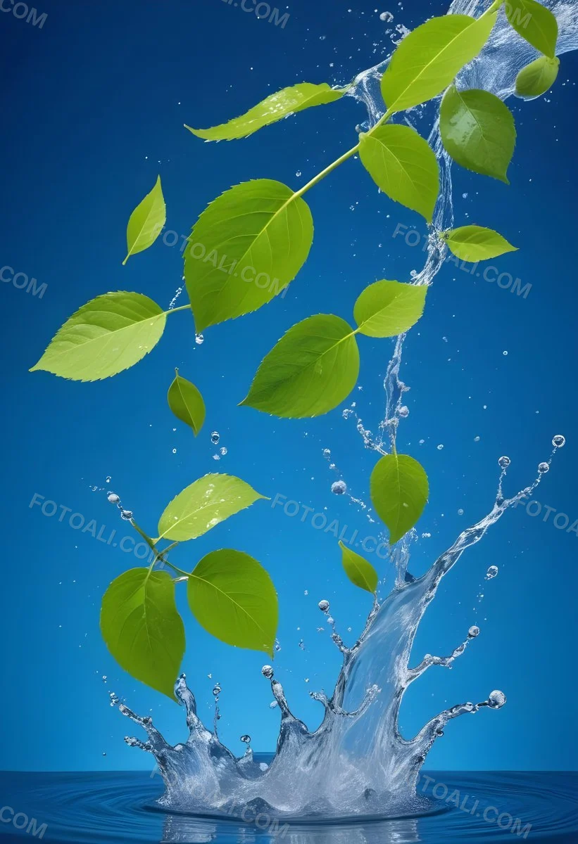 Green Leaves Falling Into Splashing Water Against A Blue Background 10 66d4