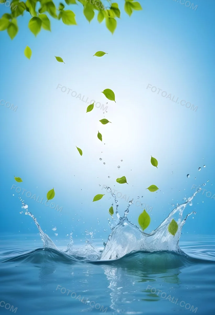 Green Leaves Falling Into Splashing Water Against A Blue Background 12 41e6